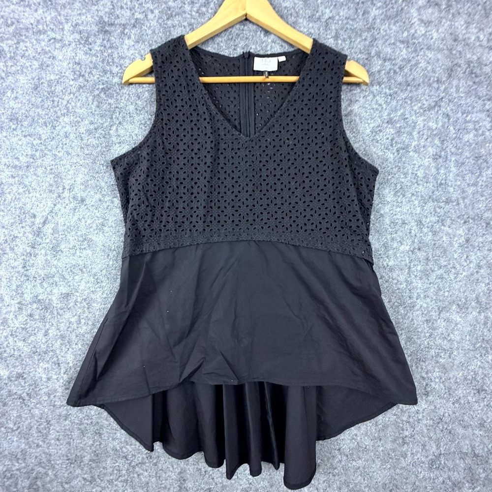 Hd In Paris Peplum Top Womens Large Black Eyelet V-Neck Sleeveless Back Zipper